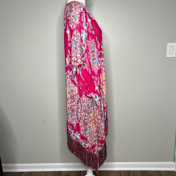 Chico's Colorful Pink Kimono Cover-Up Linen Blend Boho Fringe Beach Resort L/XL - Picture 8 of 11